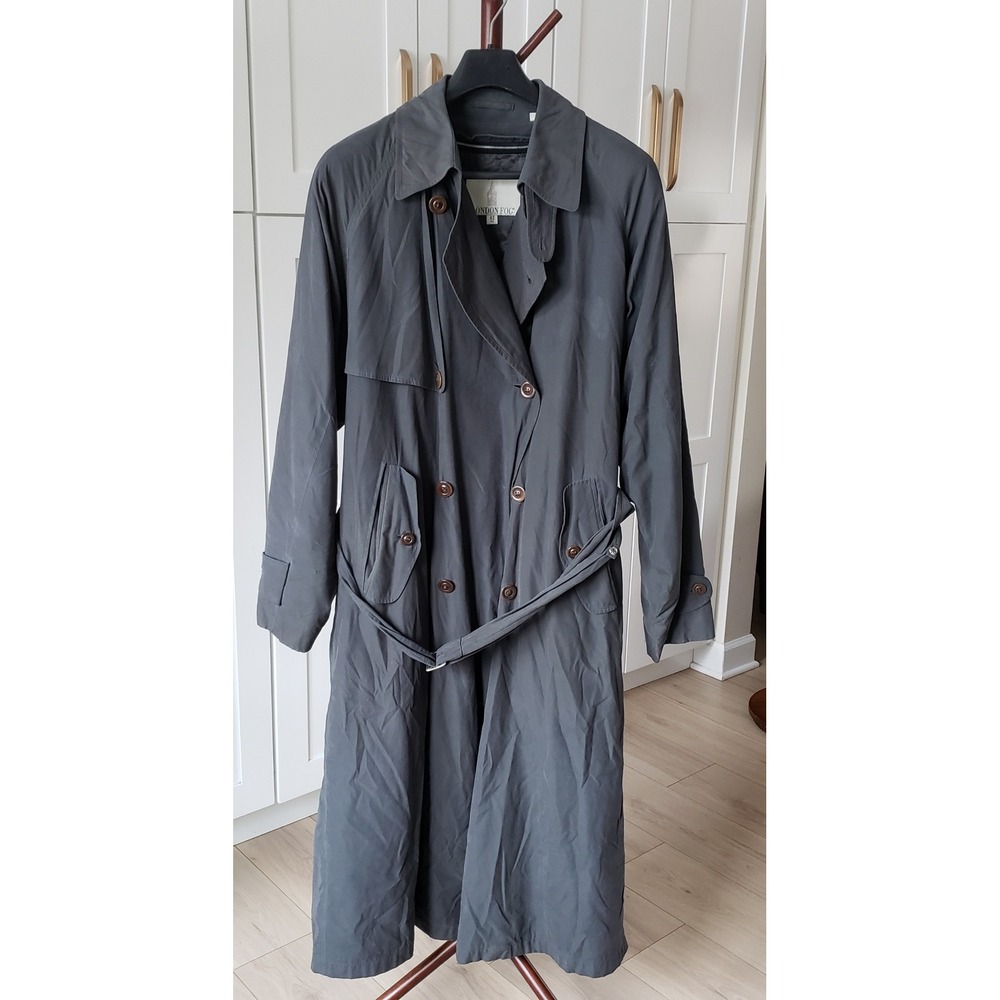 London Fog Trench Coat Mens 42 Long Charcoal Double Breasted Belted Overcoat